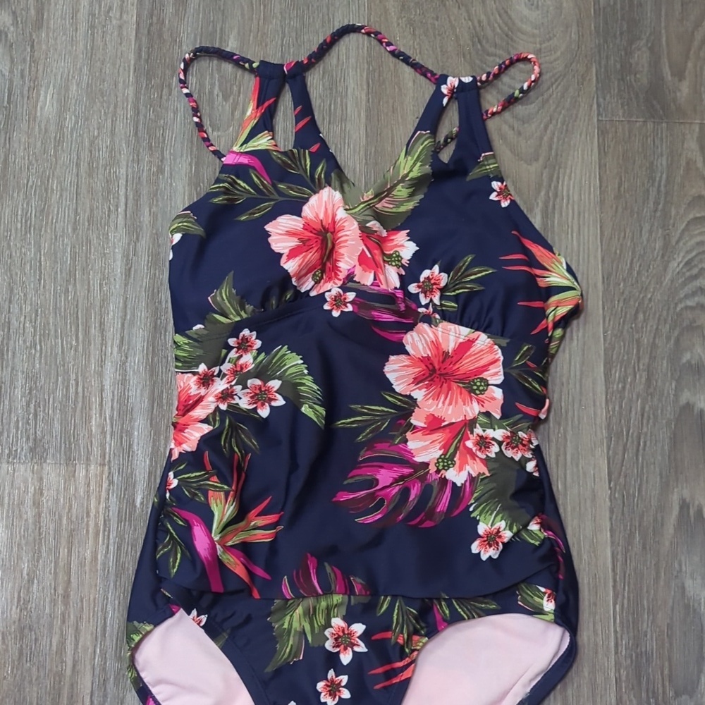 Like New Kona Sol Kids One Piece Floral Swimwear - Navy and Pink - Picture 2 of 9
